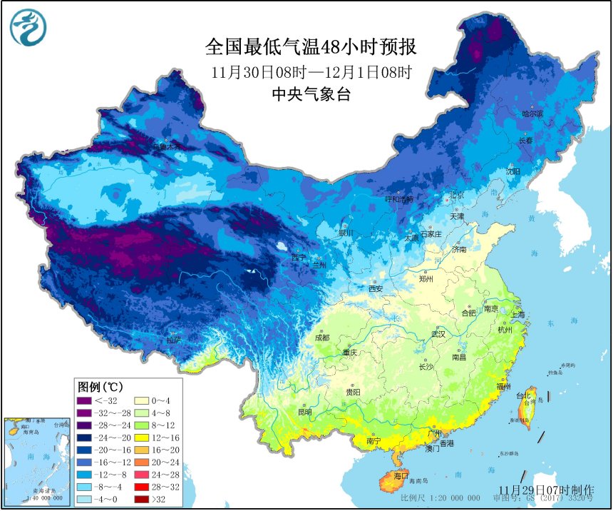 全国最低气温预报图 图片来源：中央气象台官网