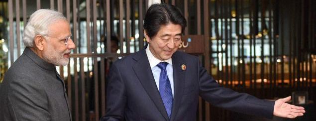 ▲资料图片：日本首相安倍晋三与印度总理莫迪（印度报业托拉斯）