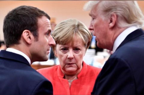 ▲资料图：法国总统马克龙、德国总理默克尔和美国总统特朗普