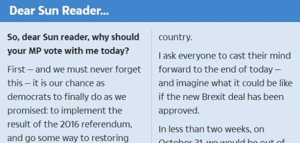 约翰逊在《太阳报》上写信截图