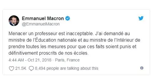 ▲法国总统马克龙要求严惩 图据社交媒体