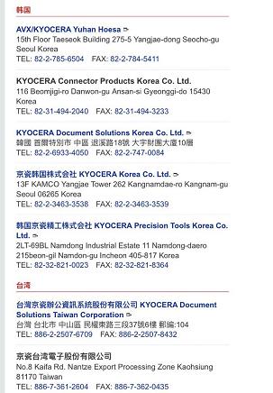 京瓷集团PC端官网“全球网点”的亚洲部分中,台湾与韩国、越南等并列。(图片截于25日10时28分)