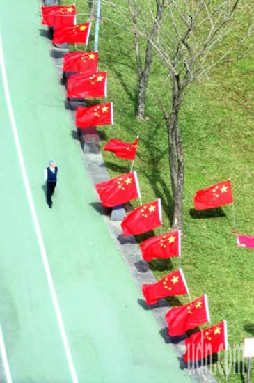 “中华爱国同心会”中午在民进党中央党部前的公园插满五星旗。（图片来源：台湾联合新闻网）
