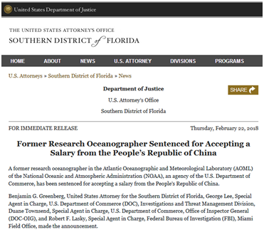 美媒:华裔海洋学家被判刑,罪名是从中国领薪资