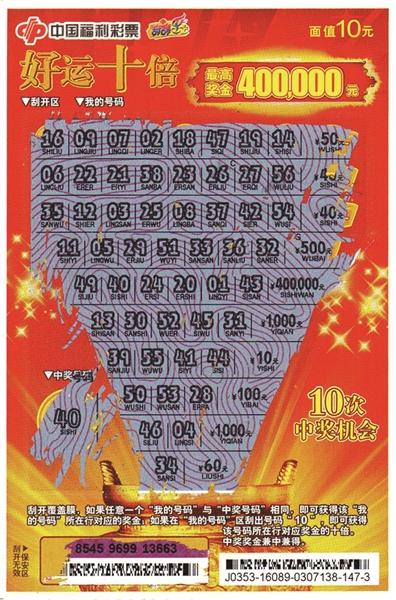 刮刮乐好运十倍喜出头奖40万元