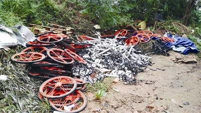 被拆卸切割后的单车丢弃在小土坡上（警方供图）