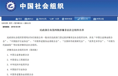 3月9日,民政部公布的第四批涉嫌非法社会组织名单。