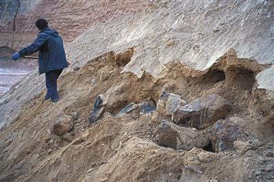 12月6日，环保志愿者在山神沟内的大土丘上开挖。土下挖出多块废阴极炭块。