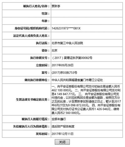 贾跃亭被列为失信被执行人。中国执行信息公开网截图