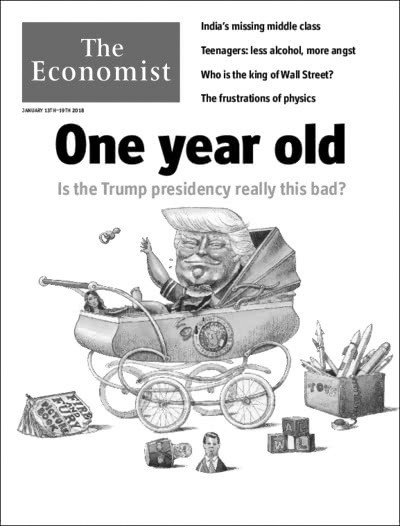 图为英国《经济学人》杂志1月11日封面：特朗普总统一周岁。 
