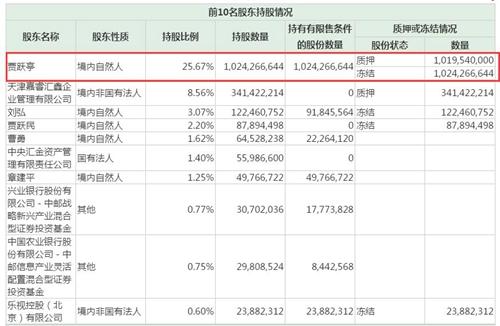 乐视网2017年三季度财报显示,贾跃亭股权全被被冻结。图片来源:财报截图