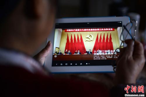 资料图:2013年11月13日,成都一位网友用平板电脑浏览有关中国共产党十八届三中全会的报道。中新社发 张浪 摄