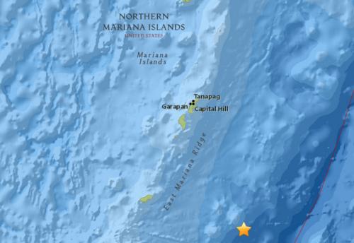 北马里亚纳群岛东南部海域发生5.4级地震。（图片来源：美国地质勘探局网站截图）