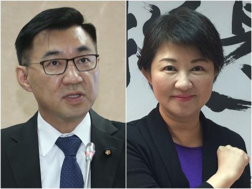 资料图:国民党籍民意代表卢秀燕(右)与江启臣(左)。图片来源:“中央社”