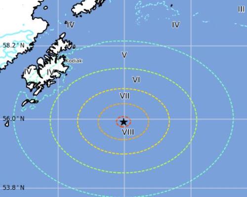 阿拉斯加地震可能波及的范围示意图。来源：美国地质勘探局网站截图。