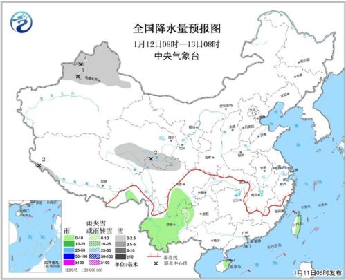 天降落水量预报图(1月12日08时-13日08时)