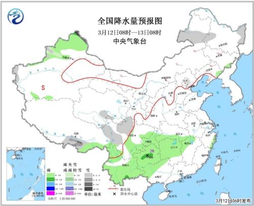 全国降水量预报图(3月12日08时-13日08时)