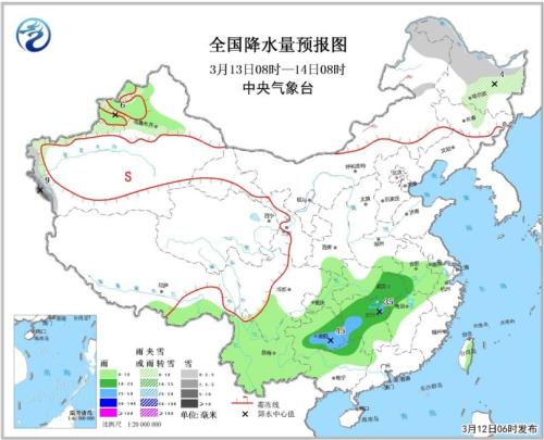 全国降水量预报图（3月13日08时-14日08时）