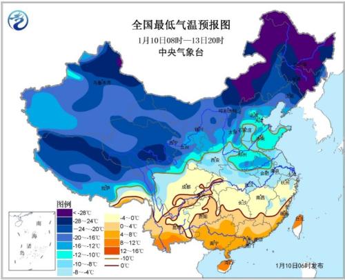全国最低气温预报图(1月10日08时-13日20时)