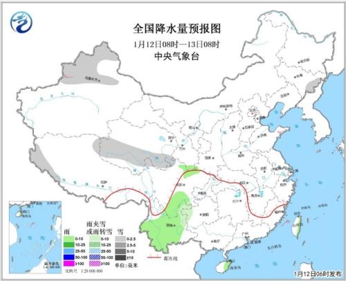 全国降水量预报图（1月12日08时-13日08时）