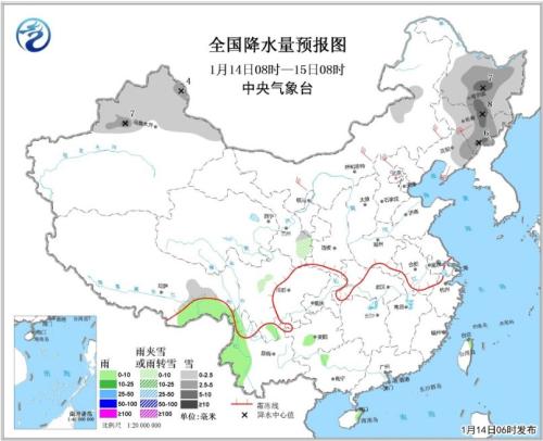 图1 全国降水量预报图(1月14日08时-15日08时)