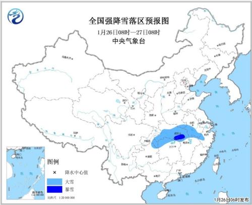 全国强降雪落区预报图(1月26日08时-27日08时)