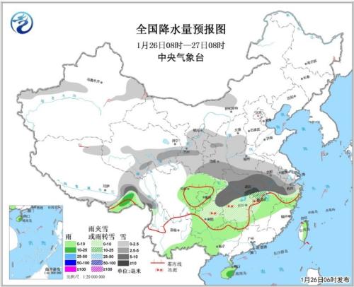 全国降水量预报图(1月26日08时-27日08时)
