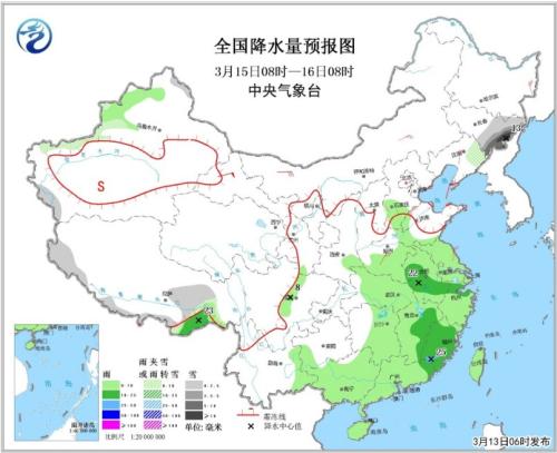 全国降水量预报图（3月15日08时-16日08时）