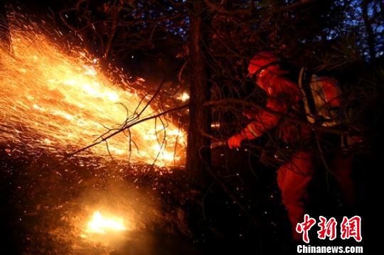 森警正在全力扑灭明火。 李传永 摄