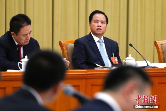 3月6日，十三届全国人大一次会议海南省代表团在北京举行全体会议，审议政府工作报告。图为全国人大代表、海南省委书记刘赐贵发言。 中新社记者 富田 摄