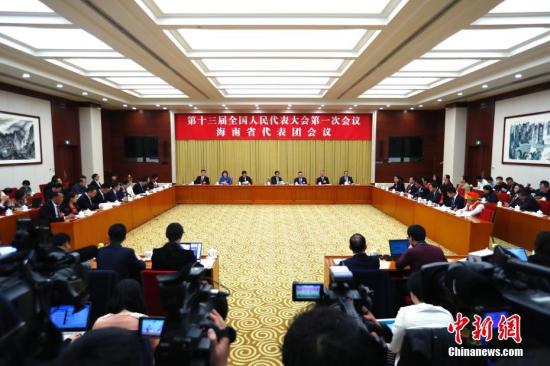 3月6日,十三届全国人大一次会议海南省代表团在北京举行全体会议,审议政府工作报告。 中新社记者 富田 摄