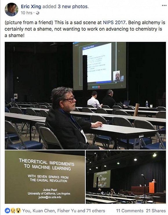 CMU教授Eric Xing的消息，Judea Pearl报告会场人迹稀少，图片来自周志华