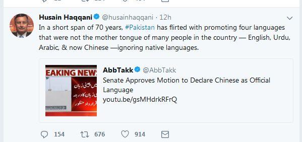 巴基斯坦驻美国大使侯塞因推特截图。