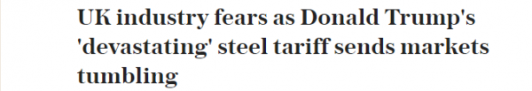 《每日电讯报》网站报道截图：英国业界担心特朗普的“毁灭性”的钢铁关税导致市场下跌