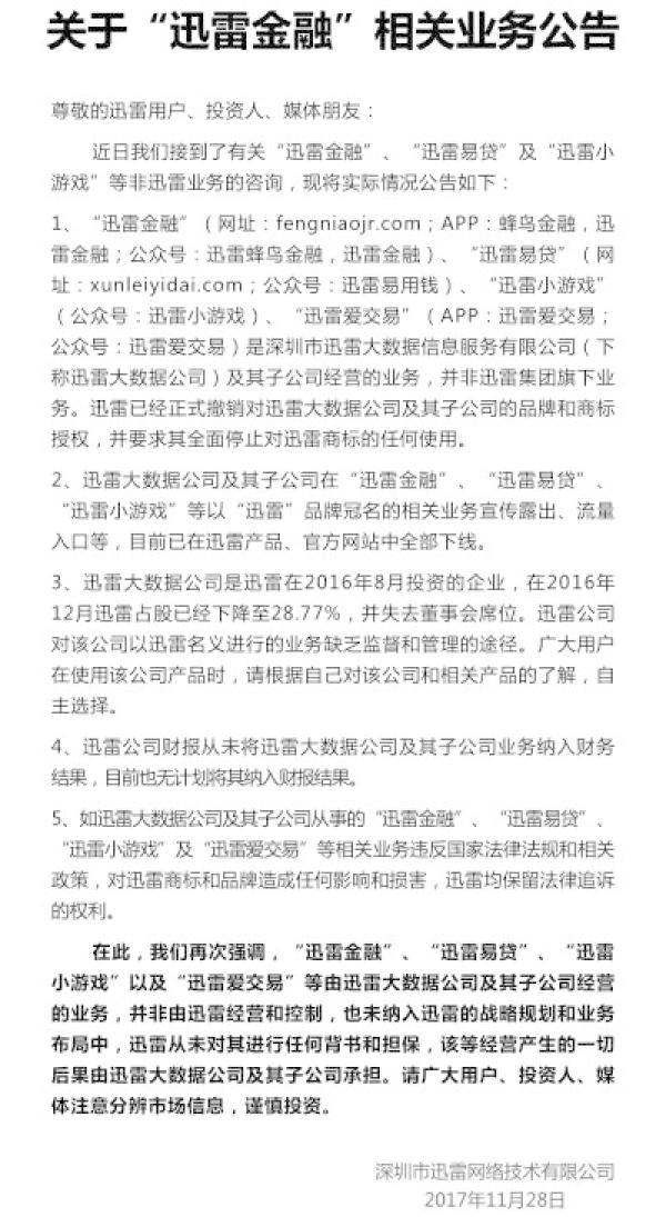 《关于“迅雷金融”相关业务公告》