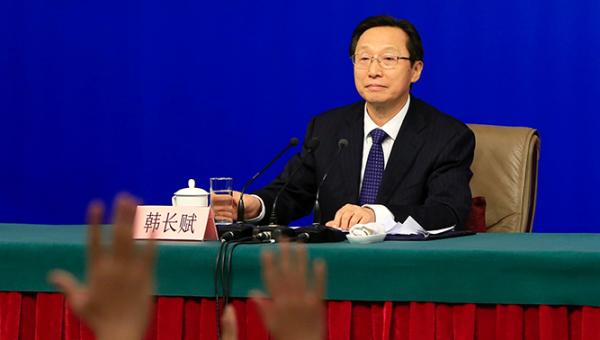 3月7日,农业部部长韩长赋出席新闻发布会。澎湃新闻记者 赵昀 图