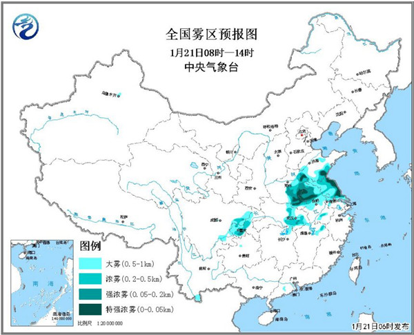 大雾黄色预警:河南山东江苏安徽等部分地区有强浓雾