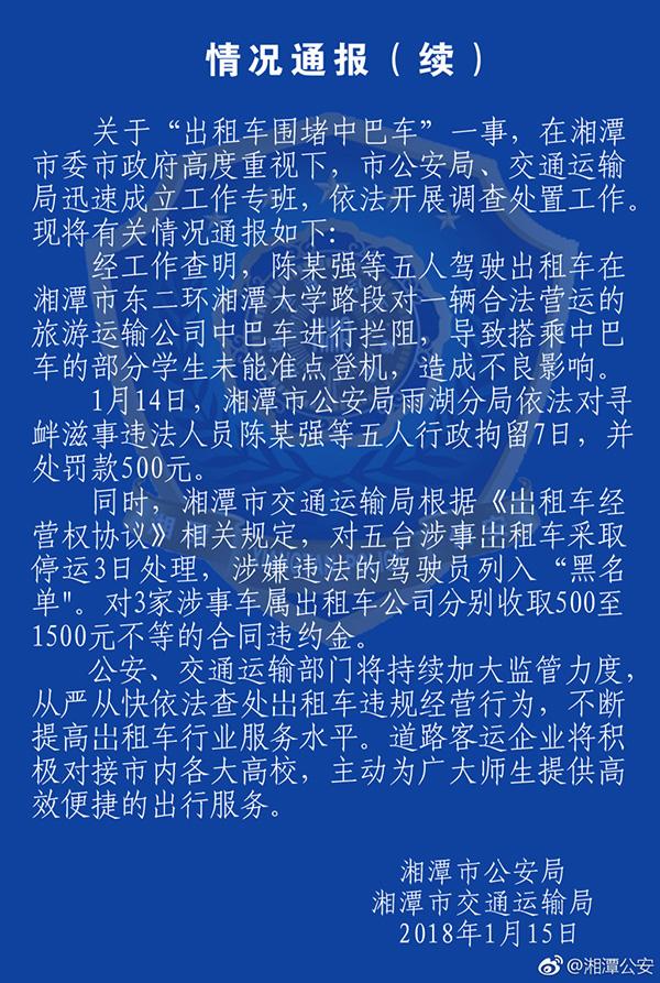 经查,陈某强等五人驾驶出租车在湘潭大学附近路段,对合法运营的中巴车