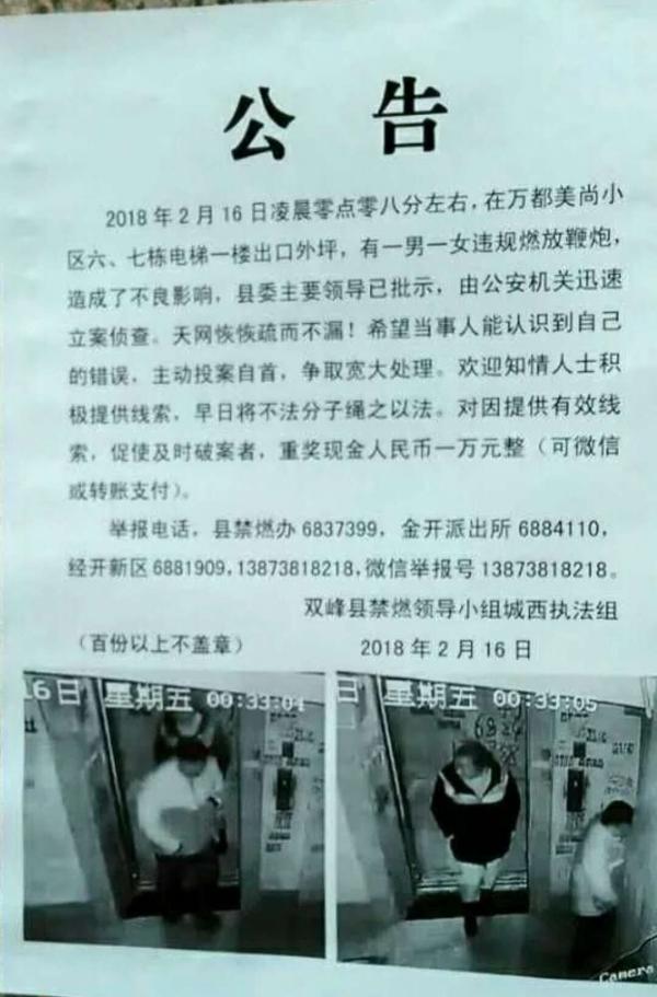 湖南双峰县禁燃办以刊发公告的形式,动员知情群众提供线索、敦促燃放人主动接受处理。 网络图