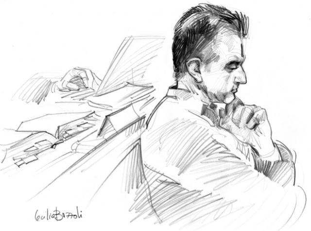 一名艺术家在法庭上对Patrice Lescaudron的素描