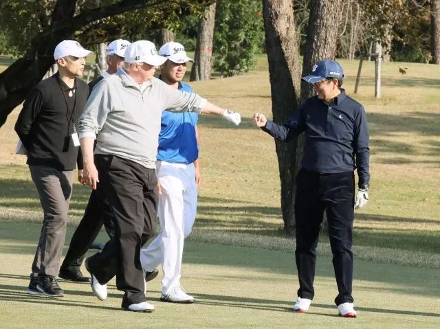 ▲资料图片：11月5日，安倍晋三与特朗普在霞关高尔夫乡村俱乐部打高尔夫。