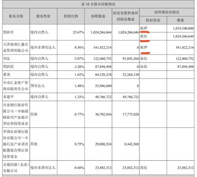 乐视网2017年三季报贾跃亭持股冻结、质押情况