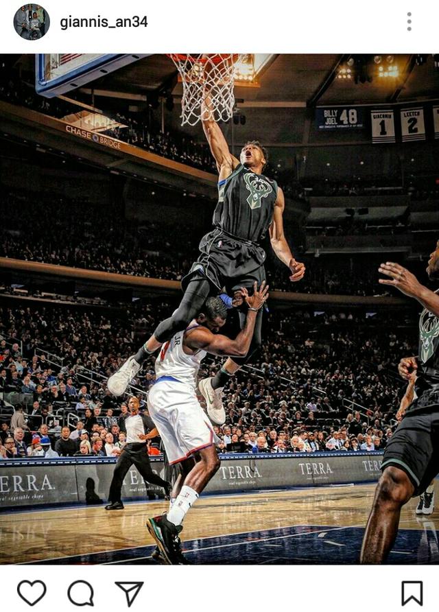 赛后,nba官方也发布了字母哥隔扣的掌,而