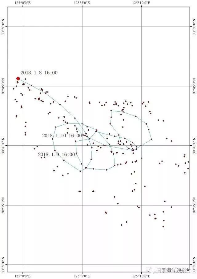 1月8日16时30分发布未来48小时油污扩散预测图