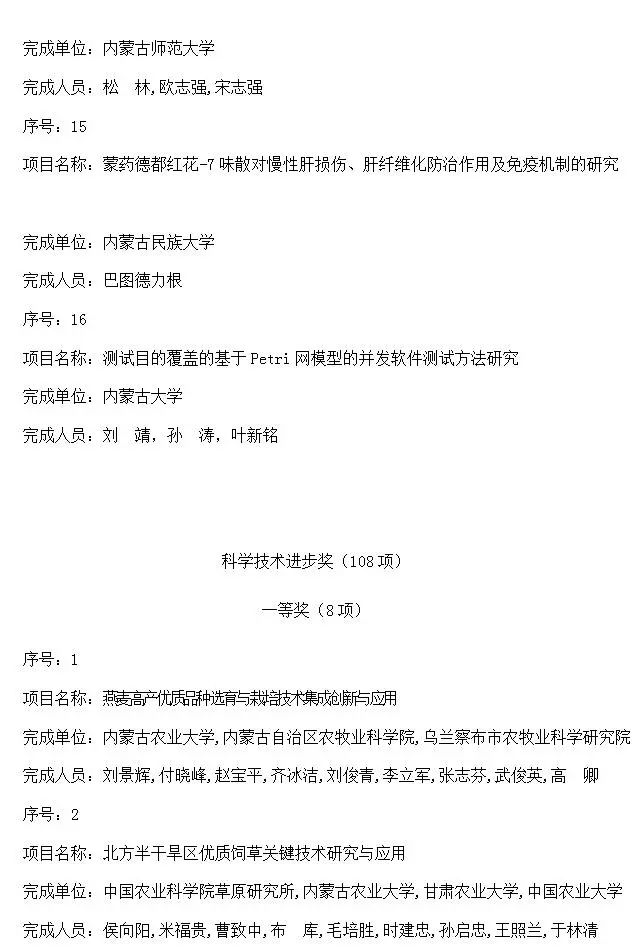 内蒙古自治区人民政府关于2016年度自治区科学技术奖励的决定