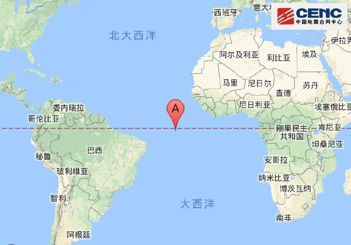 中大西洋海岭中部附近发生6.6级左右地震