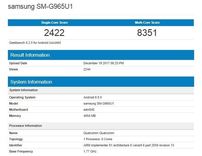 龙845版Galaxy S9+亮相Geekbench基准测试数据库