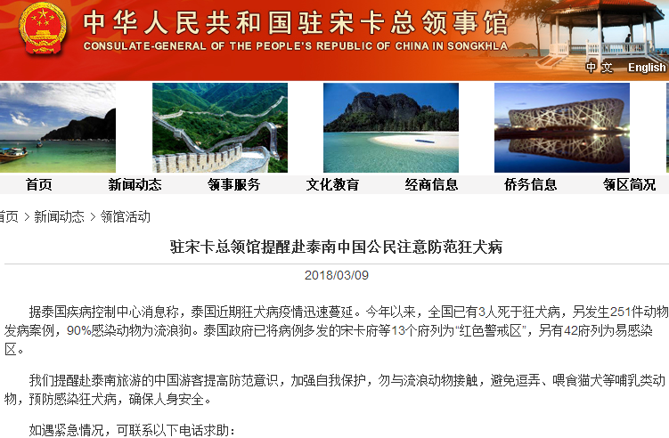 泰国狂犬病疫情蔓延致3人死亡 中领馆吁赴泰同胞防范