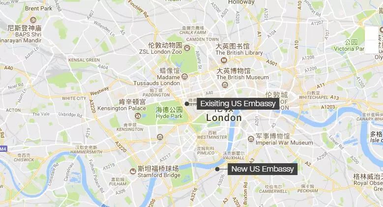 ▲美国新老使馆地理位置示意图(谷歌地图)