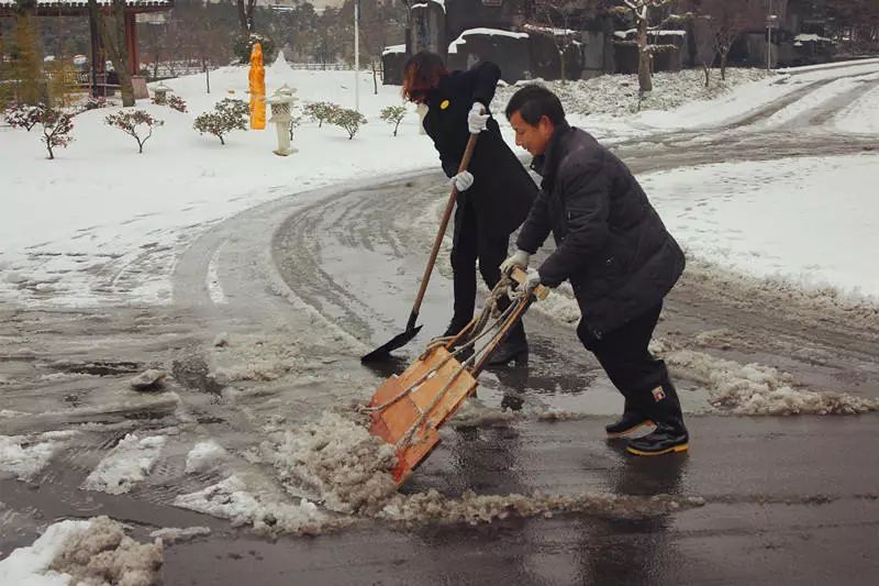 部门经理带队抽调员工组成扫雪队伍,大家冒着凛冽的寒风,纷纷拿起铁锹